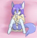  blue_fur bottomless butt cat cub cup delicious_(artist) drinking feline female fur hair legwear mammal mug oversized_shirt purple_hair pussy sally solo stockings yellow_eyes young 