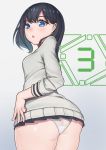  1girl :o ass black_hair black_skirt blue_eyes blush breasts cardigan closed_mouth cowboy_shot eyebrows_visible_through_hair female from_behind gatchan huge_ass long_hair looking_back medium_breasts miniskirt nipples panties pleated_skirt simple_background skirt solo ssss.gridman takarada_rikka thick_thighs thighs underwear white_background white_cardigan white_panties wide_hips 
