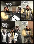  3d anthro bear beard black_hair bovine bow_tie braford clothing comic dialog duo english_text facial_hair gloves gus_(braford) hair horn male mammal mohawk muscles sarge_(braford) sideburns text 