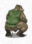  anthro back_turned balls blush boar bottomless butt crouching dragon_quest embarrassed fb1907 looking_at_viewer looking_back male mammal mooning orc orc_(dq) ork penis porcine solo 