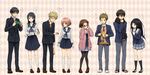  4girls bespectacled black_legwear blazer cardigan chitanda_eru company_connection cosplay costume_switch crossover fukube_satoshi gakuran glasses highres hyouka ibara_mayaka jacket kanbara_akihito kneehighs kuriyama_mirai kyoto_animation kyoukai_no_kanata loafers long_hair multiple_boys multiple_girls nase_hiroomi nase_mitsuki no_eyewear oreki_houtarou pants pantyhose rito453 scarf school_uniform serafuku shoes short_hair skirt sweater_vest translated white_legwear 