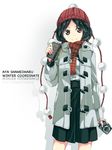  aioi_aoi alternate_costume beanie black_hair bookmark camera coat contemporary hat hat_ribbon jacket looking_at_viewer open_clothes open_jacket pen plaid plaid_scarf red_eyes ribbon scarf shameimaru_aya shirt short_hair simple_background skirt smile solo touhou white_background winter_clothes 
