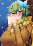  1girl blue_eyes blush breasts breath female green_hair hair_ornament huge_breasts nail_polish poko_chin short_hair 