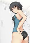  adjusting_clothes adjusting_swimsuit amagami ass black_hair blush breasts brown_eyes competition_swimsuit kishida-shiki medium_breasts nanasaki_ai one-piece_swimsuit open_mouth school_swimsuit short_hair solo standing swimsuit tan tanline 