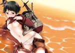  belt black_eyes black_hair blush breasts kantai_collection medium_breasts mogami_(kantai_collection) mouth_hold mozu_(peth) nipples partially_undressed school_uniform shirt_lift short_hair shorts shorts_pull solo unbuckled unbuckled_belt water wet 