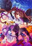  :d alternate_costume black_legwear brown_hair cellphone checkered fan geta hat himekaidou_hatate japanese_clothes long_hair musou_yuchi open_mouth phone pom_pom_(clothes) red_eyes smile solo tengu-geta thighhighs tokin_hat touhou twintails wings 