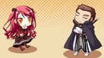  1boy 1girl cape chibi eyes_closed game_cg hinomiya_ayari ko~cha kurauchi_joji long_hair red_eyes red_hair sword weapon witch&#039;s_garden witch's_garden yellow_eyes 