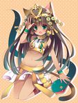  animal_ears bare_shoulders bastet_(p&amp;d) brown_hair cat_ears cat_tail fang gradient_hair green_eyes green_hair groin headdress heart izumiyuhina long_hair looking_at_viewer multicolored_hair navel open_mouth puzzle_&amp;_dragons skirt smile solo tail tan 