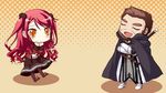  1boy 1girl cape chibi eyes_closed game_cg hinomiya_ayari ko~cha kurauchi_joji long_hair red_hair sword weapon witch&#039;s_garden witch's_garden yellow_eyes 