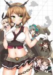  :3 :d ;d bangs bare_shoulders black_gloves black_hair breasts brown_hair chain chibi detached_sleeves elbow_gloves frilled_skirt frills gloves green_eyes hair_ribbon hairband headgear hiei_(kantai_collection) japanese_clothes kantai_collection kongou_(kantai_collection) long_hair map medium_breasts midriff minigirl miniskirt multiple_girls mutsu_(kantai_collection) nagato_(kantai_collection) navel one_eye_closed open_mouth plaid plaid_skirt pleated_skirt ponytail red_eyes ribbon ribbon-trimmed_sleeves ribbon_trim school_uniform serafuku shimakaze_(kantai_collection) short_hair skirt smile tsukudani_norio white_gloves yuubari_(kantai_collection) 