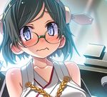  bare_shoulders black_hair blue_eyes blush breasts detached_sleeves embarrassed glasses green-framed_eyewear hairband headgear japanese_clothes kantai_collection kirishima_(kantai_collection) looking_at_viewer medium_breasts nontraditional_miko sakuya_tsuitachi short_hair solo wavy_mouth 