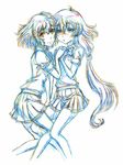  absurdres colored_pencil_(medium) gata2013 highres interlocked_fingers kakumeiki_valvrave long_hair monochrome multiple_girls renboukouji_akira sashinami_shouko school_uniform sketch traditional_media very_long_hair 