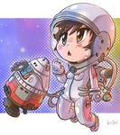  astronaut blush blush_stickers boots brown_eyes brown_hair helmet kiichi open_mouth rocket_girls skin_tight solo space_craft spacesuit triangle_mouth 