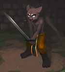  clothing dark_fur feline macks outside pants sword topless wall weapon 