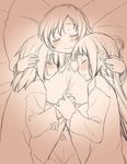  akemi_homura bed hair_down holding_hands kaname_madoka mahou_shoujo_madoka_magica monochrome multiple_girls pajamas pillow shinama sleeping tomoe_mami yuri 