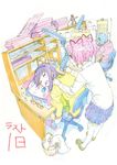  akemi_homura chair character_pillow charlotte_(madoka_magica) colored_pencil_(medium) covering_with_blanket desk desk_lamp drooling figure glasses iseki_shuuichi kaname_madoka kyubey lamp mahou_shoujo_madoka_magica miki_sayaka multiple_girls pillow sakura_kyouko sitting sleeping traditional_media trash_can twintails 