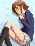  bed_sheet blush bonnie_(rsg) brown_eyes brown_hair clothed_masturbation glasses gundam gundam_build_fighters hairband kousaka_china long_sleeves lying masturbation on_side over-rim_eyewear panties red-framed_eyewear semi-rimless_eyewear short_hair skirt socks solo underwear 