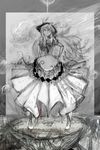 arm_behind_back bad_id bad_pixiv_id boots border cloud cong1991 cross-laced_footwear from_below greyscale hand_on_hip hat highres hinanawi_tenshi holding holding_sword holding_weapon keystone lips long_skirt monochrome pleated_skirt pursed_lips sidelocks sketch skirt sky solo spot_color sword sword_of_hisou texture touhou weapon wind 