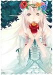  anemone_(flower) apple bad_id bad_pixiv_id bare_shoulders black_eyes braid dress flower food fruit hair_flower hair_ornament head_wreath ia_(vocaloid) kuronyanko long_hair twin_braids vocaloid white_hair 