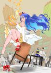  balancing bare_shoulders bloomers blue_eyes blue_hair breasts chair crowd dress elbow_gloves gloves hair_ornament high_heels highres large_breasts long_hair orange_peel orangina personification shoes single_shoe solo_focus spaghetti_strap spot_(artist) suggestive_fluid underwear white_dress white_gloves 