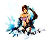  alternate_costume animal_print bad_id bad_pixiv_id bikini_top boots breasts brown_hair butterfly_print choker cleavage earrings finger_to_mouth flower hair_flower hair_ornament jewelry kula_clare large_breasts long_hair red_eyes short_shorts shorts side_ponytail solo tekken thigh_boots thighhighs zafina_(tekken) 