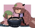  alternate_costume animal_ears bowl brown_hair dress futatsuiwa_mamizou glasses green_hair hat kasodani_kyouko leaf leaf_on_head multiple_girls onikobe_rin pince-nez raccoon_ears raccoon_tail sitting stirring tail touhou turtleneck 