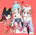  3girls @_@ ahoge animal animal_ear_fluff animal_ears animal_on_shoulder bailingxiao_jiu bandage bandaged_arm bandages bangs black_gloves black_hair blue_eyes blue_hair blue_kimono blush bow breasts cleavage collarbone cropped_torso dragon_horns eyebrows_visible_through_hair facepaint fingerless_gloves food fur_collar gloves gourd hair_bow heart heart-shaped_pupils holding holding_food horns japanese_clothes kimono leaf leaf_on_head long_sleeves mask mask_on_head medium_breasts multiple_girls nose_blush obi off_shoulder one_eye_closed open_mouth original parted_lips purple raccoon_ears red_background red_eyes red_kimono sash silver_hair simple_background sleeves_past_wrists striped striped_bow symbol-shaped_pupils tanuki translation_request 