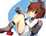  ;3 bangs binoculars boots brown_eyes brown_hair dress kantai_collection one_eye_closed sailor_dress short_hair smile solo sorrau torpedo turret v yukikaze_(kantai_collection) 