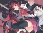  bare_shoulders black_legwear chain clenched_teeth detached_sleeves huanxiang_huifeng long_hair magical_girl mahou_shoujo_madoka_magica pleated_skirt polearm ponytail red_eyes red_hair sakura_kyouko skirt solo spear teeth thighhighs weapon 
