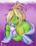  abstract_background alligator anthro avencri blonde_hair breasts cela cleavage clothed clothing crocodile female green_skin hair lips looking_at_viewer one_eye_closed reptile scalie smile solo tea teacup yellow_belly yellow_scales 