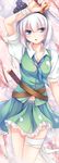  :o arm_up bandages belt black_hairband blue_eyes breasts cleavage collarbone cowboy_shot dress_shirt frills hairband hitodama katana konpaku_youmu konpaku_youmu_(ghost) medium_breasts navel neckerchief petticoat shirt short_hair short_sleeves silver_hair skirt solo standing sword touhou vest weapon yanagi_akane_(yousei_kinoko) 