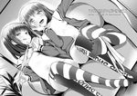  :p asymmetrical_legwear breasts chin_rest crossed_legs dekochin_hammer greyscale hair_ornament hairclip highres looking_at_viewer monochrome multiple_girls nipples open_clothes open_shirt original panties panties_around_one_leg panties_removed shirt sitting small_breasts smirk striped striped_legwear thighhighs tongue tongue_out translation_request underwear 