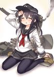  ^_^ akatsuki_(kantai_collection) arm_up black_hair blush closed_eyes hat hiraga_matsuri kantai_collection loafers long_hair neckerchief open_mouth pantyhose red_neckwear school_uniform serafuku shoes sitting smile smoke solo wariza 