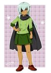  blue_hair cape cosplay crossdressing danball_senki danball_senki_wars eyepatch full_body inazuma_eleven_(series) inazuma_eleven_go long_hair male_focus mizuhara_aki orange_eyes sakuma_jirou skirt solo standing white_background 