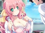  1boy 1girl ameno_wakahiko amenouzume artist_request breasts character_request cleavage escude game_cg indoors kanojo_wa_sora_ni_inoranai long_hair mizunezumi open_clothes open_shirt pink_hair satofuji_masato school_uniform shirt sky undressing 