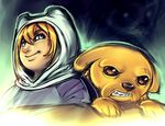  adventure_time blonde_hair blue_eyes dog finn_the_human hood jake_the_dog maniacpaint 