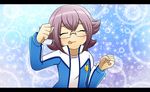  blush closed_eyes cokata dojikko_pose glasses inazuma_eleven_(series) inazuma_eleven_go inazuma_eleven_go_chrono_stone inazuma_eleven_go_galaxy jacket letterboxed lightning_bolt male_focus manabe_jin'ichirou open_clothes open_jacket purple_hair shinsei_inazuma_japan smile solo tongue tongue_out track_jacket 