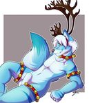  anthro antlers balls barrakoda bell blue_fur canine christmas costume fur hair holidays horn looking_at_viewer male mammal nude penis pinup pose reclining shariea sheath solo white_hair wolf yellow_eyes 