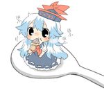  black_eyes blue_hair blush chibi eating expressive_clothes food food_on_face hat kamishirasawa_keine long_hair lowres minigirl multicolored_hair oden rebecca_(keinelove) spoon touhou two-tone_hair 