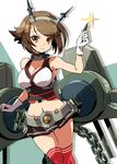  ammunition bad_id bad_pixiv_id bare_shoulders blush breasts brown_eyes brown_hair cannon gloves headgear kantai_collection kurono_tokage large_breasts midriff miniskirt mutsu_(kantai_collection) red_legwear short_hair skirt solo thighhighs turret white_gloves 