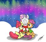  aurora_borealis bow cub cutie_mark_crusaders_(mlp) equine eyes_closed female feral friendship_is_magic fur gearholder group hair horn horse hug long_hair mammal my_little_pony night open_mouth orange_fur outside pegasus pony purple_eyes purple_hair red_hair scootaloo_(mlp) sky smile snow snowing sweater sweetie_belle_(mlp) teeth two_tone_hair unicorn white_fur wings winter young 