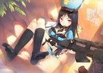  assault_rifle between_breasts black_bra black_gloves black_hair black_legwear bra breasts caitlyn_(league_of_legends) chair cleavage crossed_legs fingerless_gloves fred04142 gloves gun hat kneehighs large_breasts league_of_legends long_hair looking_at_viewer necktie necktie_between_breasts officer_caitlyn puffy_sleeves rifle shirt short_sleeves sitting skirt skirt_set smile socks solo underwear weapon 