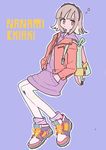  backpack bad_id bad_pixiv_id bag character_name cross danganronpa dress expressionless hairband hands_in_pockets hood jacket leather leather_jacket nanami_chiaki pantyhose pikaro pouch purple_background shoes short_hair silver_hair sneakers socks solo striped striped_legwear studded_hairband super_danganronpa_2 white_legwear yellow_eyes 