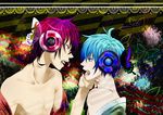  blue_eyes blue_hair butterfly headphones keishi magnet_(vocaloid) male original pink_eyes pink_hair short_hair shounen_ai vocaloid wings 