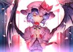  backlighting bat_wings blue_hair dress flower hat hat_ribbon highres looking_at_viewer mob_cap petals pink_dress puffy_sleeves red_eyes red_flower red_rose remilia_scarlet ribbon rose short_sleeves solo sunakumo touhou upper_body wings wrist_cuffs 