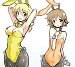  animal_ears armpits arms_up bare_shoulders blonde_hair blush bow bowtie breasts brown_eyes brown_hair bunny_ears bunny_tail bunnysuit detached_collar hidamari_sketch kagami_uekusa large_breasts looking_at_viewer miyako multiple_girls open_mouth pantyhose short_hair simple_background smile tail white_background wrist_cuffs yellow_eyes yuno 
