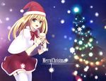  ainili blonde_hair blue_eyes bow christmas long_hair original santa_costume santa_hat thighhighs 