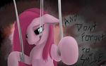  blue_eyes bound english_text equine female feral forced friendship_is_magic fur hair horse keeponhatin long_hair mammal my_little_pony open_mouth pink_fur pink_hair pinkamena_(mlp) pinkie_pie_(mlp) pony solo strings teeth text tongue 