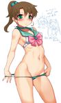  bishoujo_senshi_sailor_moon blush bow bra brown_hair choker contrapposto cowboy_shot green_choker green_eyes green_sailor_collar hair_bobbles hair_ornament highres imazon kino_makoto long_hair looking_at_viewer midriff multiple_girls navel panties panty_pull pink_bow ponytail sailor_collar sailor_jupiter sailor_moon sailor_moon_narikiri_bra_set sailor_senshi_uniform simple_background sleeveless standing stomach translation_request tsuki_ni_kawatte_oshioki_yo tsukino_usagi underwear underwear_only white_background 