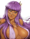  breasts cleavage covered_nipples dark_skin eyelashes ganassa highres kido_saori large_breasts lips looking_at_viewer purple_hair saint_seiya slingshot_swimsuit smile solo swimsuit underboob upper_body 